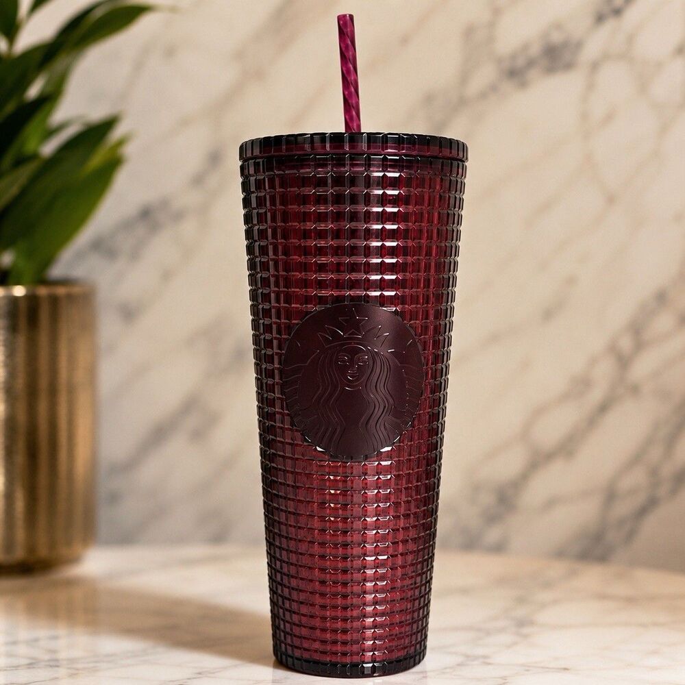 Starbucks Tumbler Cherry Red Studded‎ 24oz Cold Travel Cup Straw Lid Texture New